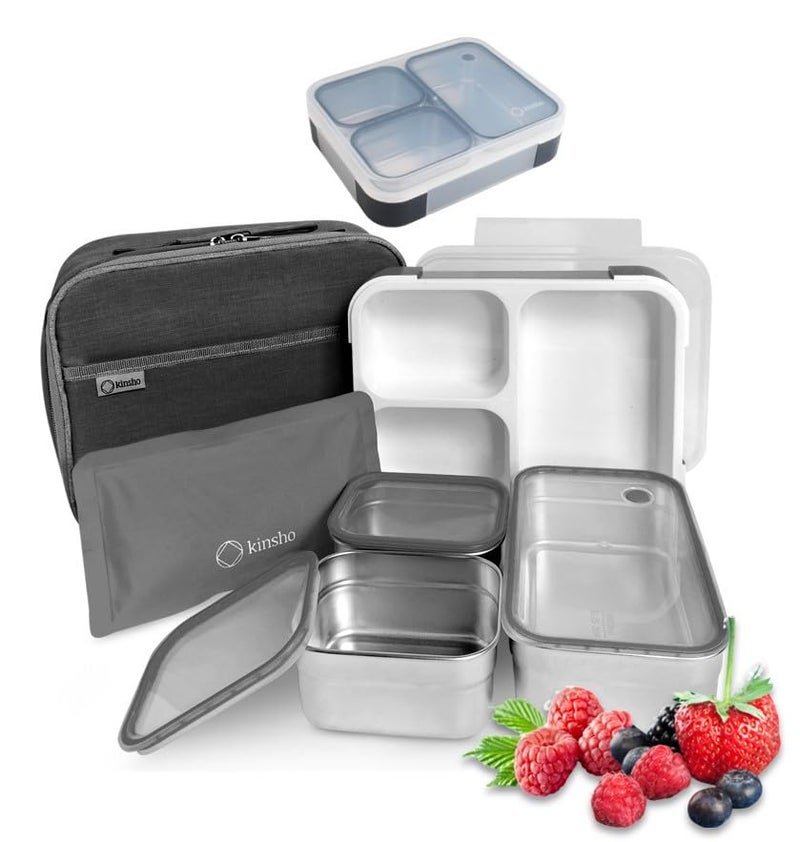 Kinsho Stainless Steel Bento Lunch Box Set for Adults Kids  Insulated Bag and Ice Pack  LeakProof Metal Compartment Meal Prep Food  Snack Containers for Work Travel School Daycare 42 oz Grey Black