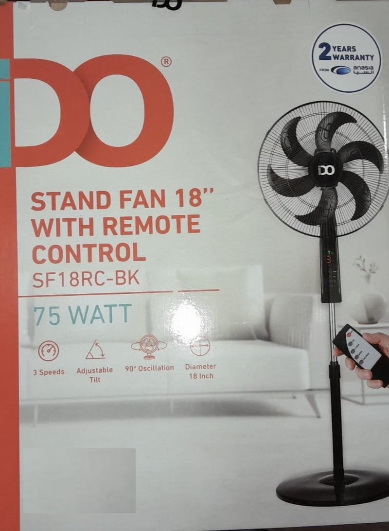 ايدو مروحة ايدو ستاند مع ريموت كنترول 18 بوصة 75 واط 3 سرعات 6 شفرات قوية اسود SF18RC-BK - Image 3