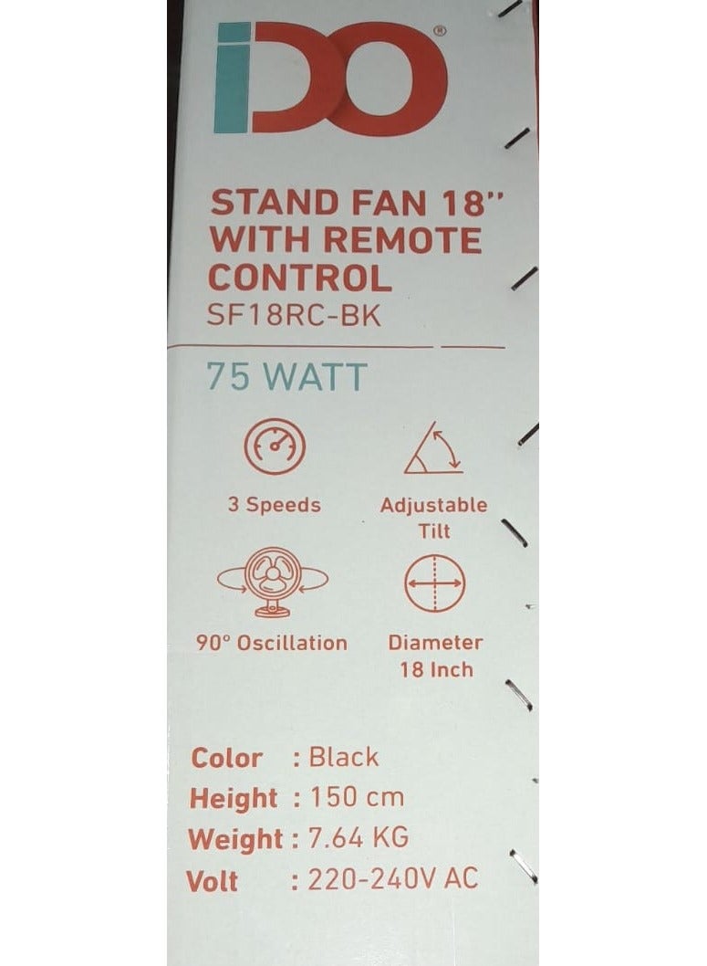 ايدو مروحة ايدو ستاند مع ريموت كنترول 18 بوصة 75 واط 3 سرعات 6 شفرات قوية اسود SF18RC-BK - Image 4