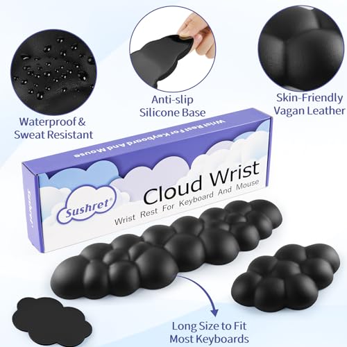 Sushret Cloud Wrist Rest Keyboard, Cloud Keyboard Wrist Pad Set with PU Leather Memory Foam, Cute Arm Rest for Palm Support, PC/Gaming Desk Accessories/Office Setup/Computer Hand Cushion - Black - Image 5