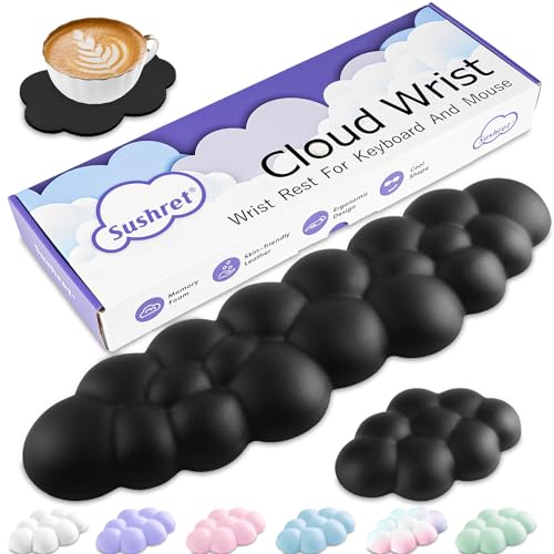 Sushret Cloud Wrist Rest Keyboard, Cloud Keyboard Wrist Pad Set with PU Leather Memory Foam, Cute Arm Rest for Palm Support, PC/Gaming Desk Accessories/Office Setup/Computer Hand Cushion - Black - Image 1
