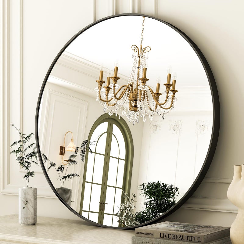 Easly 30 Inch Round Bathroom Mirror - Black Wall Mounted Circle Mirror with Metal Frame, Modern Round Hanging Mirror Suitable for Bathroom, Vanity, Entryway, Living Room - Image 1