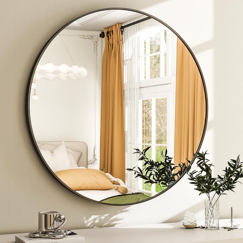 Easly 30 Inch Round Bathroom Mirror - Black Wall Mounted Circle Mirror with Metal Frame, Modern Round Hanging Mirror Suitable for Bathroom, Vanity, Entryway, Living Room - Image 2