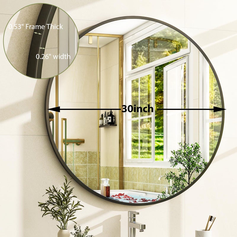 Easly 30 Inch Round Bathroom Mirror - Black Wall Mounted Circle Mirror with Metal Frame, Modern Round Hanging Mirror Suitable for Bathroom, Vanity, Entryway, Living Room - Image 4