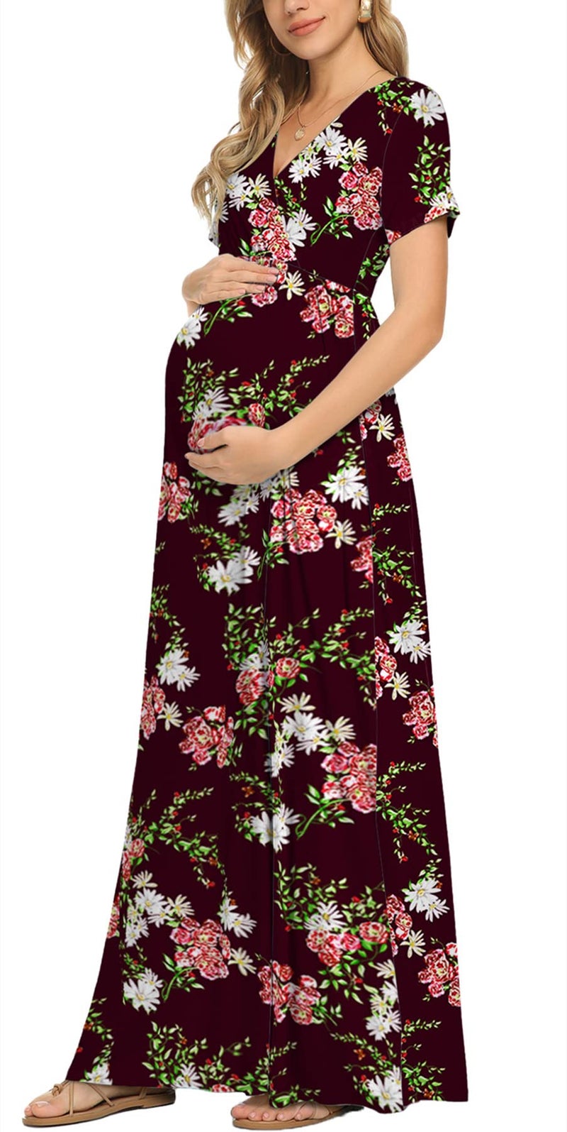Xpenyo Women's Floral Maternity Dresses Summer Casual Short Sleeve V Neck Wrap Long Maxi Dress Pregnancy Clothes for Baby Shower, Photoshoot, Party, Daily, Nursing, Flower Wine Red L - Image 1