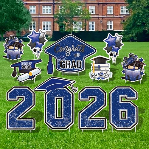Vivantia Large 11 PCS Graduation Yard Signs Class of 2026 Congrats Grad Outdoor Lawn Yard Sign with Stakes Graduate Yard Decorations for College High School Party Black and Blue - Image 1