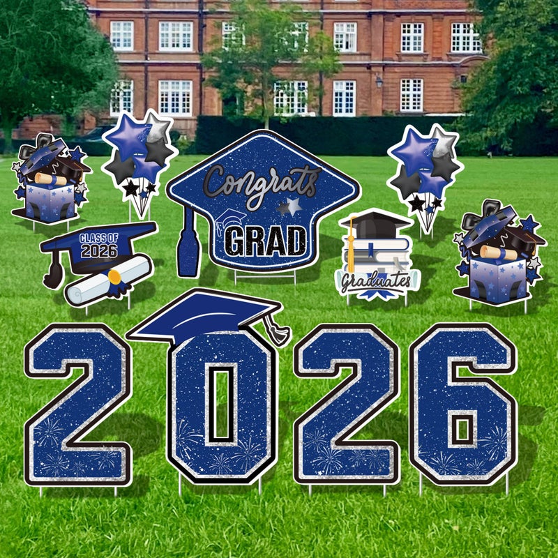 Vivantia Large 11 PCS Graduation Yard Signs Class of 2026 Congrats Grad Outdoor Lawn Yard Sign with Stakes Graduate Yard Decorations for College High School Party Black and Blue - Image 2