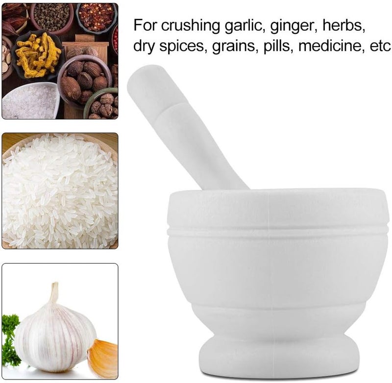 Mortar Pestle Set, Plastic Manual Garlic Grinder Spices Herbs Mortar Pestle Set Handmade Marble Mortar and Pestle for Home Kitchen (White) - Image 4