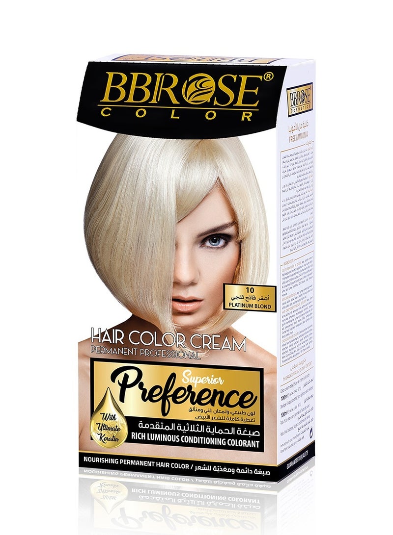 BBROSE Hair Color Cream Professional Preference Platinum Blond 10, Rich Luminous Conditioning Colorant 100ml - Image 1
