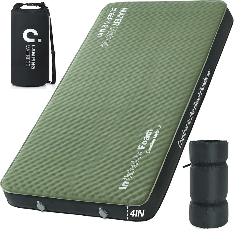 CYMULA 4-inch Self-inflating Camping Pad, 79"x 52"x 4" Ultra-Thick Double Sized Sleeping Mattress, Inflatable Foam Pads for Camp with Air Pump Sack, Suitable for Adults, Backpacking Travel, Army Green - Image 1