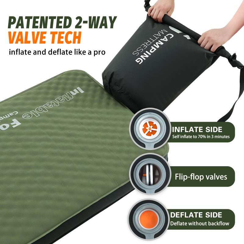 CYMULA 4-inch Self-inflating Camping Pad, 79"x 52"x 4" Ultra-Thick Double Sized Sleeping Mattress, Inflatable Foam Pads for Camp with Air Pump Sack, Suitable for Adults, Backpacking Travel, Army Green - Image 2