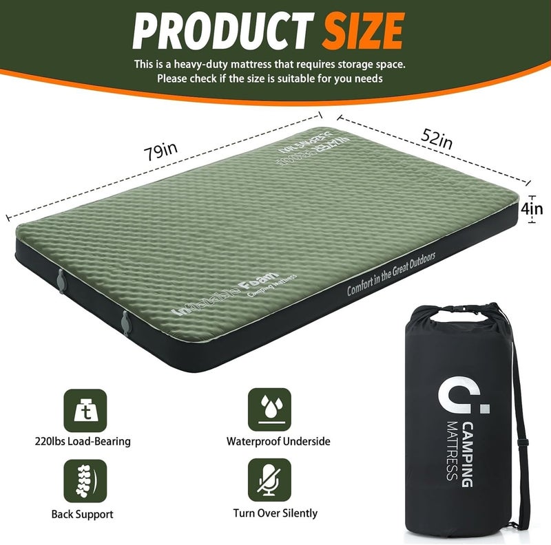 CYMULA 4-inch Self-inflating Camping Pad, 79"x 52"x 4" Ultra-Thick Double Sized Sleeping Mattress, Inflatable Foam Pads for Camp with Air Pump Sack, Suitable for Adults, Backpacking Travel, Army Green - Image 3