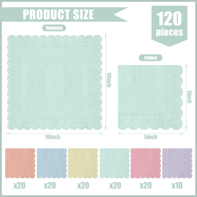 Whaline 120Pcs Pastel Rainbow Cocktail Napkin 6 Colors Scalloped Disposable Paper Napkin Multi-colored Beverage Napkin for Home Bar Table Party Decor Supplies - Image 2
