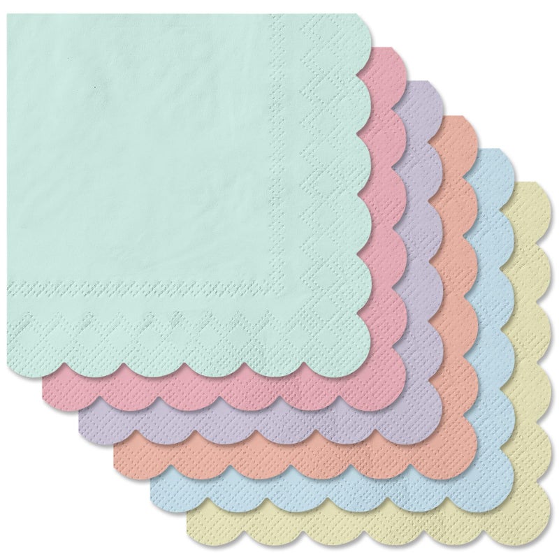 Whaline 120Pcs Pastel Rainbow Cocktail Napkin 6 Colors Scalloped Disposable Paper Napkin Multi-colored Beverage Napkin for Home Bar Table Party Decor Supplies - Image 1
