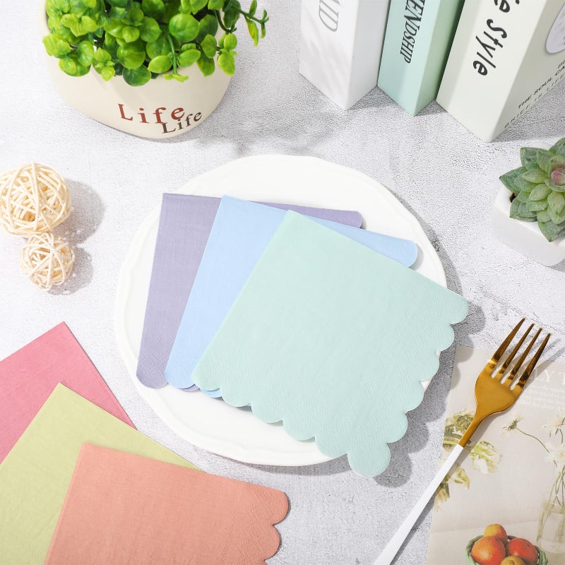 Whaline 120Pcs Pastel Rainbow Cocktail Napkin 6 Colors Scalloped Disposable Paper Napkin Multi-colored Beverage Napkin for Home Bar Table Party Decor Supplies - Image 4