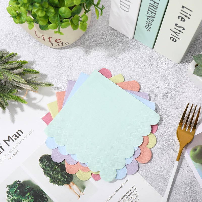 Whaline 120Pcs Pastel Rainbow Cocktail Napkin 6 Colors Scalloped Disposable Paper Napkin Multi-colored Beverage Napkin for Home Bar Table Party Decor Supplies - Image 5