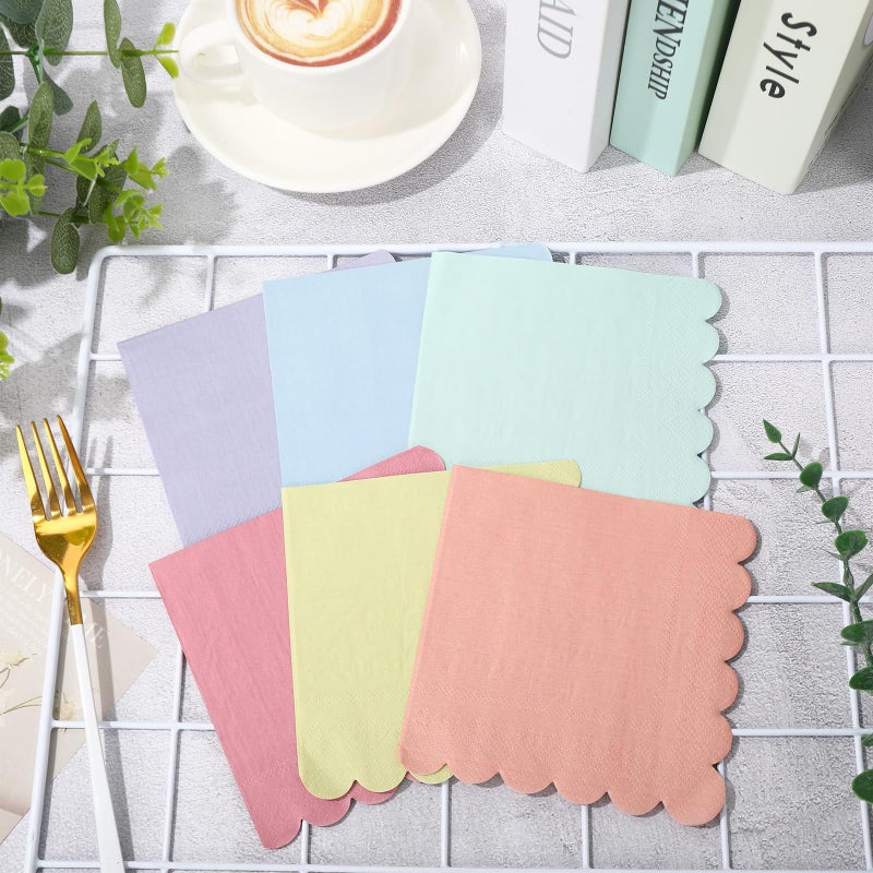 Whaline 120Pcs Pastel Rainbow Cocktail Napkin 6 Colors Scalloped Disposable Paper Napkin Multi-colored Beverage Napkin for Home Bar Table Party Decor Supplies - Image 3