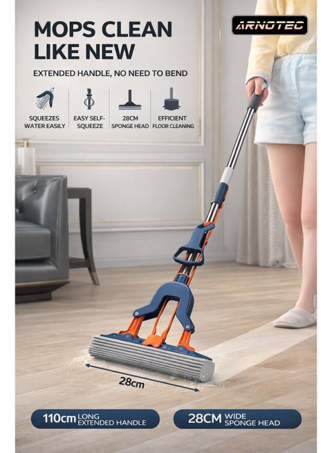 Hands-Free Flat Mop with Self-Wringing System, 28cm Sponge Head, 110cm Fixed Handle, Easy Click-In Replacement for Floors, Walls & Windows
