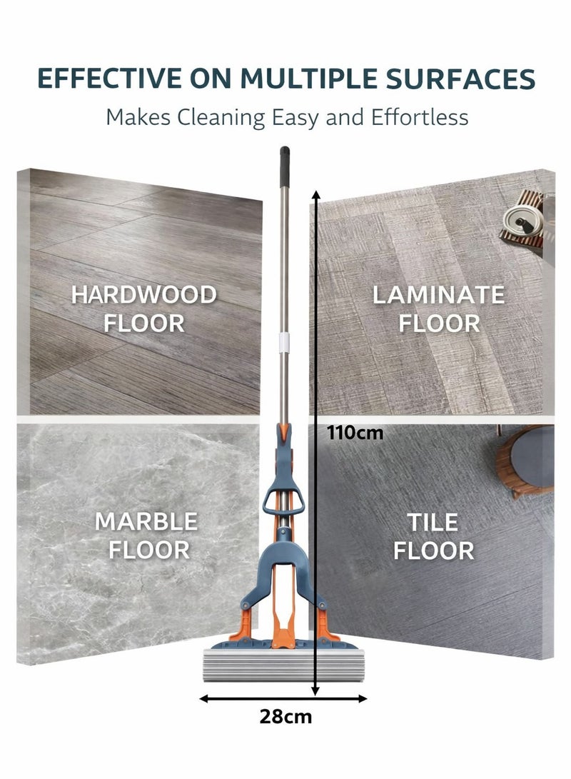 ARNOTEC Hands-Free Flat Mop with Self-Wringing System, 28cm Sponge Head, 110cm Fixed Handle, Easy Click-In Replacement for Floors, Walls & Windows - Image 2