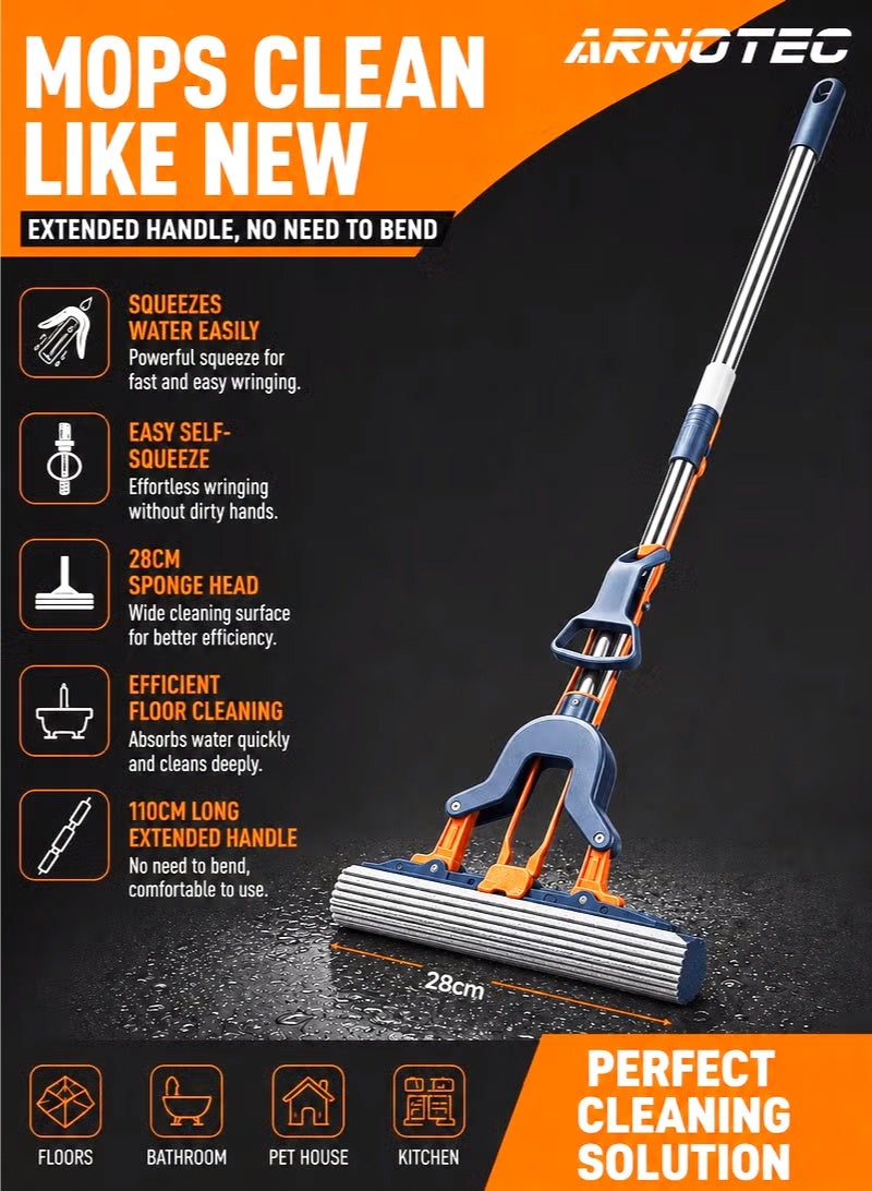 ARNOTEC Hands-Free Flat Mop with Self-Wringing System, 28cm Sponge Head, 110cm Fixed Handle, Easy Click-In Replacement for Floors, Walls & Windows - Image 1