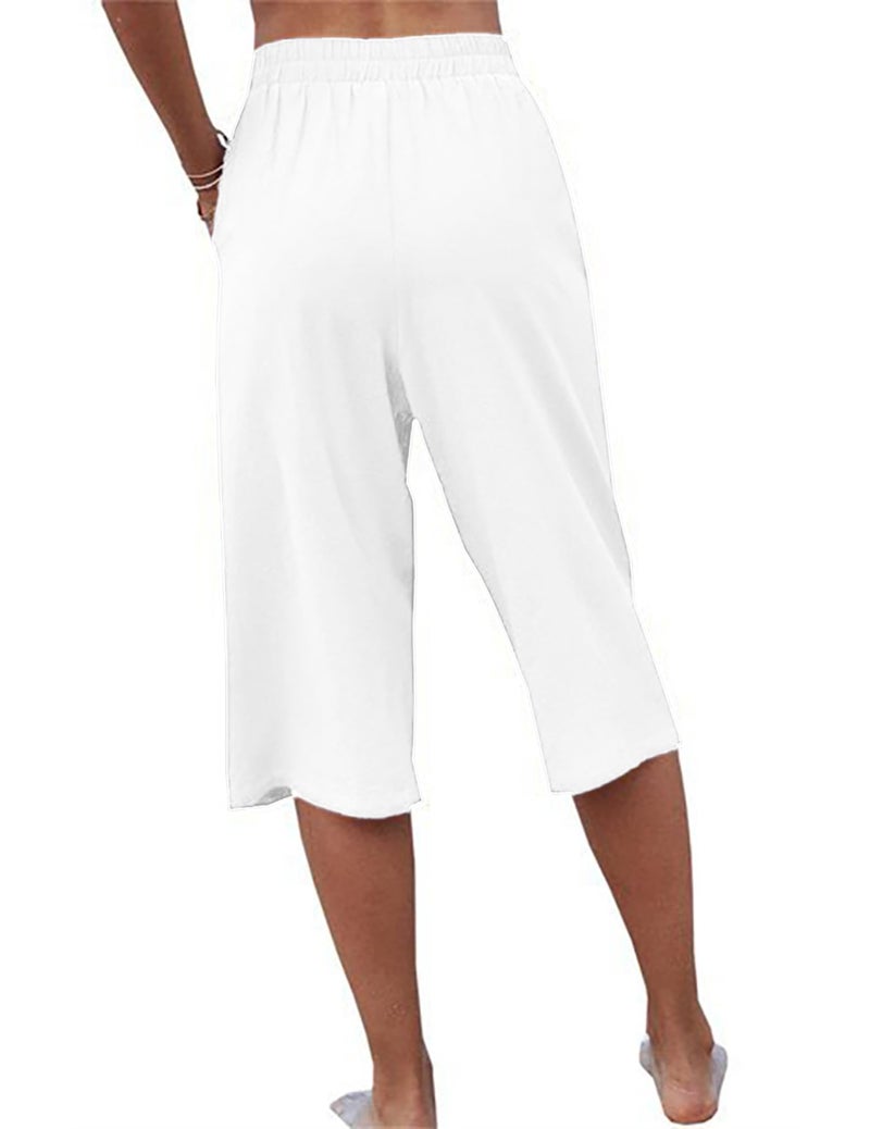 LARMLISS Womens Casual Capri Pants Elastic Waist Solid Color 3/4 Wide Leg Summer Trousers with Pockets 01-White Medium - Image 4