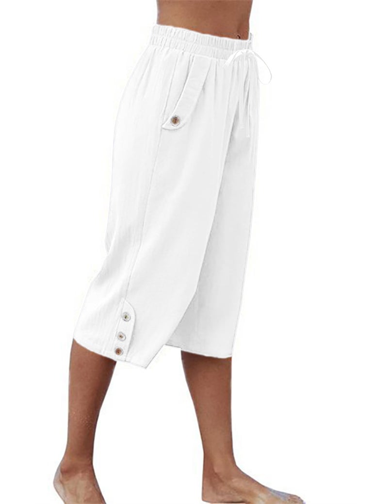 LARMLISS Womens Casual Capri Pants Elastic Waist Solid Color 3/4 Wide Leg Summer Trousers with Pockets 01-White Medium - Image 3
