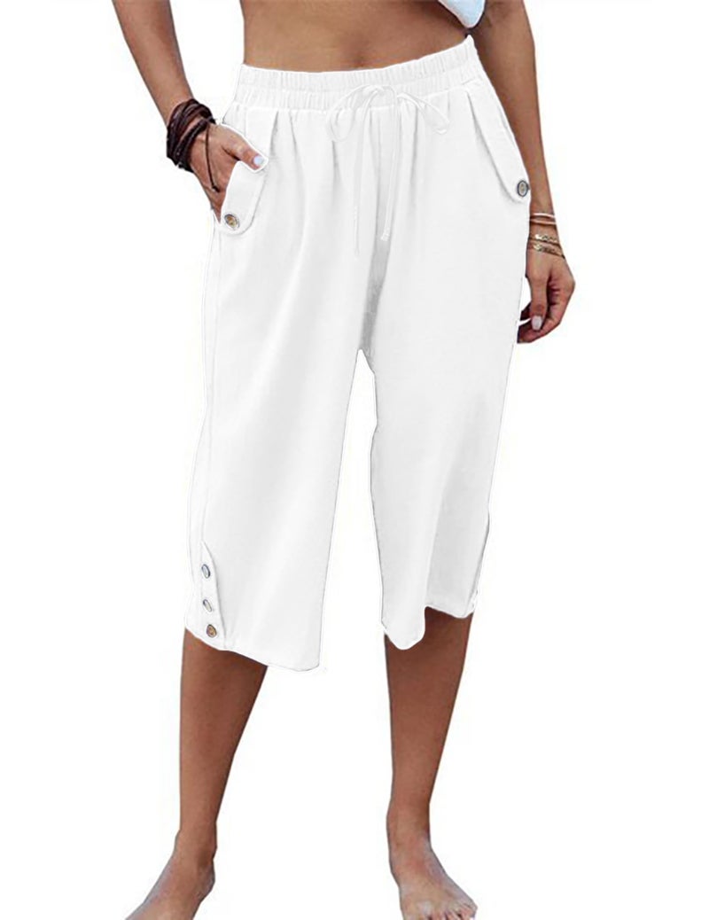 LARMLISS Womens Casual Capri Pants Elastic Waist Solid Color 3/4 Wide Leg Summer Trousers with Pockets 01-White Medium - Image 2