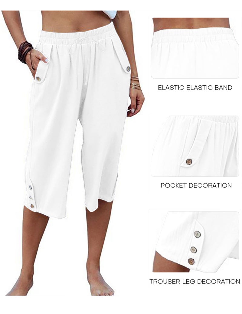 LARMLISS Womens Casual Capri Pants Elastic Waist Solid Color 3/4 Wide Leg Summer Trousers with Pockets 01-White Medium - Image 5