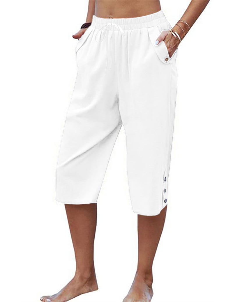 LARMLISS Womens Casual Capri Pants Elastic Waist Solid Color 3/4 Wide Leg Summer Trousers with Pockets 01-White Medium - Image 1