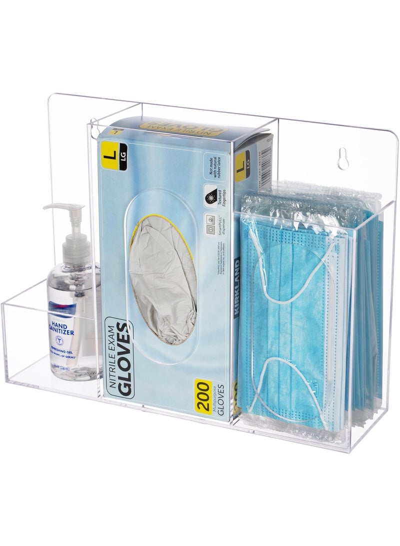 Slasa SLASA Wall Mounted PPE Dispenser Organizer – 3 Compartments (35 x 26 x 9.5 cm), Acrylic Holder for Masks, Gloves, Sanitizer – Clear Hygiene Box for Hospital, Clinic, Office  - Image 1