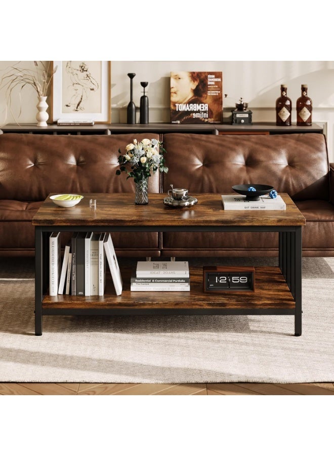 Rustic Industrial Coffee Table 39-Inch, Dual-Layer Storage Shelf, Wood Grain MDF Top with Black Metal Geometric Divider Frame, Sturdy Living Room, Home Office Accent Table, Space-Saving Modern Center Table - Image 3