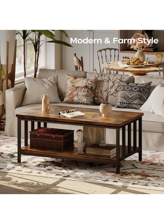 Rustic Industrial Coffee Table 39-Inch, Dual-Layer Storage Shelf, Wood Grain MDF Top with Black Metal Geometric Divider Frame, Sturdy Living Room, Home Office Accent Table, Space-Saving Modern Center Table - Image 4