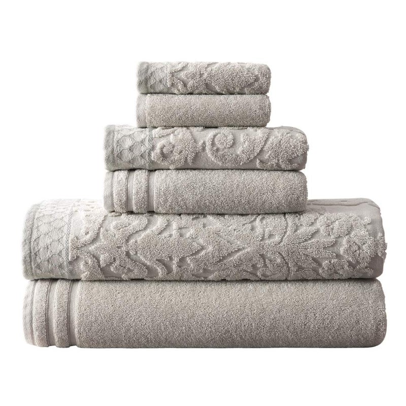 مجموعة مناشف 6 قطع من قماش داماسك جاكار/صSolid فائق النعومة 550GSM 100% قطن مصفّى مع حدود مزخرفة [رمادي]