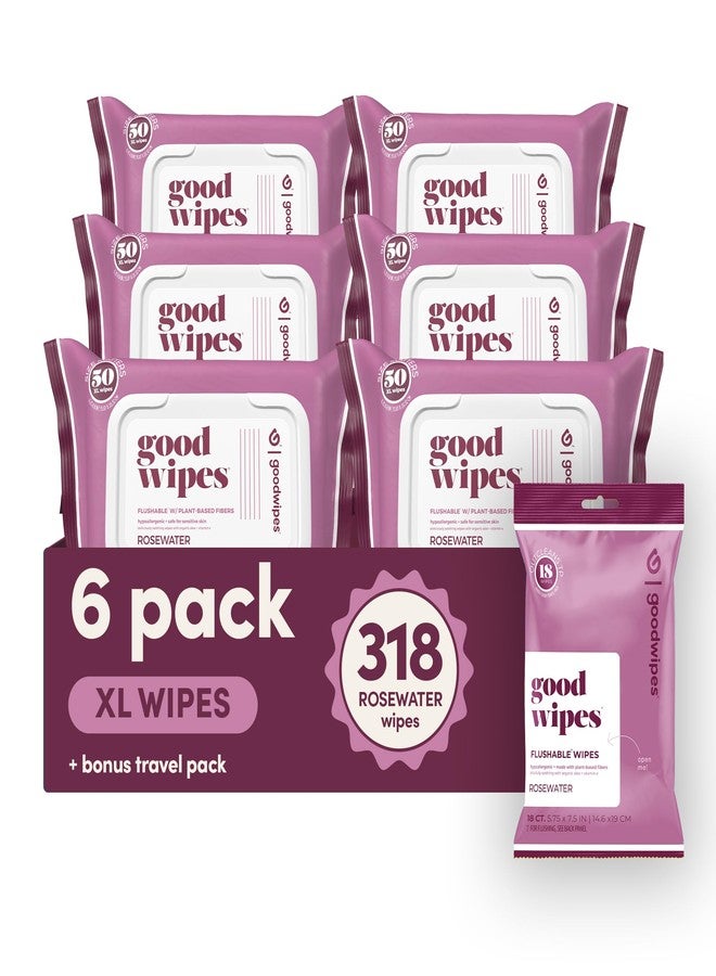 goodwipes Flushable Butt Wipes - Vitamin E & Aloe - Sewer & Septic Safe - Extra Large Adult Wet Wipes For Women & Men - Bathroom Essentials - Rosewater, 318 Count (6 Packs + 1 Travel) - Image 1