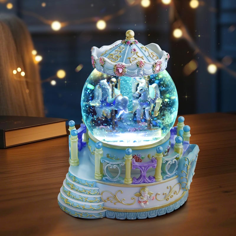 Mr.Winder Carousel Horse Music Box Girls Gift  Merry Go Round Snow Globe for Daughter Women Wife Mom Mother Day Anniversary Christmas Birthday Present Play You are My Sunshine 