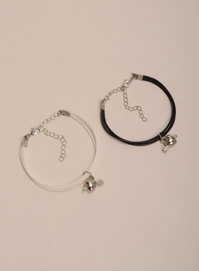 Take Two Pack of 2 - Black and White Heart and Arrow Charms Bracelets