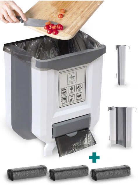 Hanging and Foldable Kitchen Trash Can With 3 Packs of 20 Garbage Bags, Collapsible Hanging Small Garbage Can, Simple Human Trash Can, Garbage Container for Cabinet/Car/Bedroom White & Grey