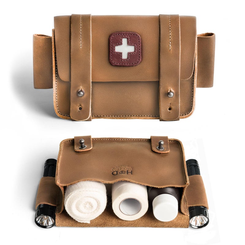 Hide & Drink Full Grain Leather First Aid Bag, Empty Medical Kit Organizer for Travel & Home, Compact Container Storage, Large Emergency Bags, Small Medic Pack Case, Med Pouches, Medkit Carry Box Only - Image 1