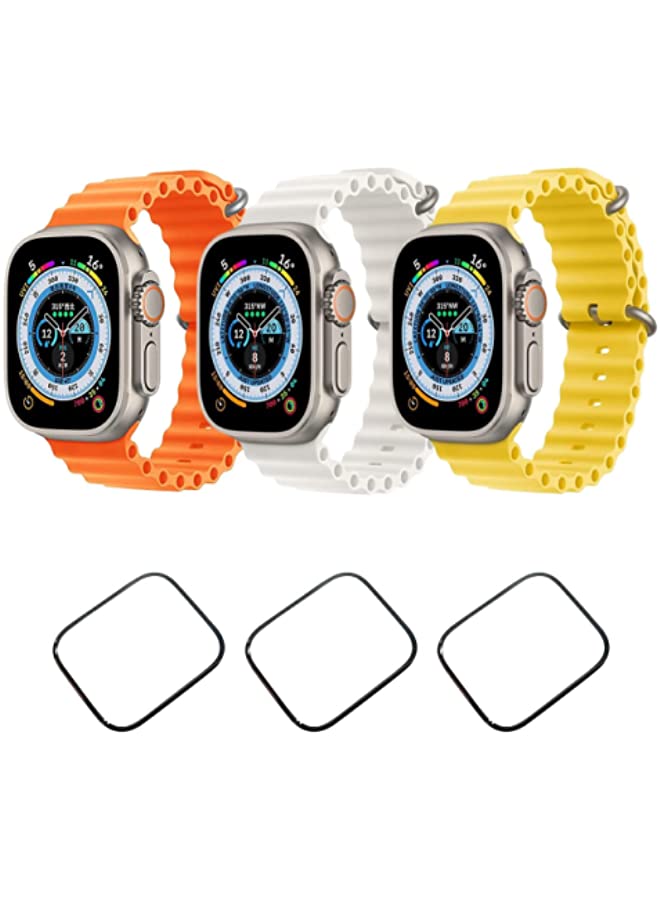 vesus Silicone Ocean Band Strap for Apple Watch Ultra 8 49mm Orange,White and Yellow Set of 3 with 3* 49mm Watch glass