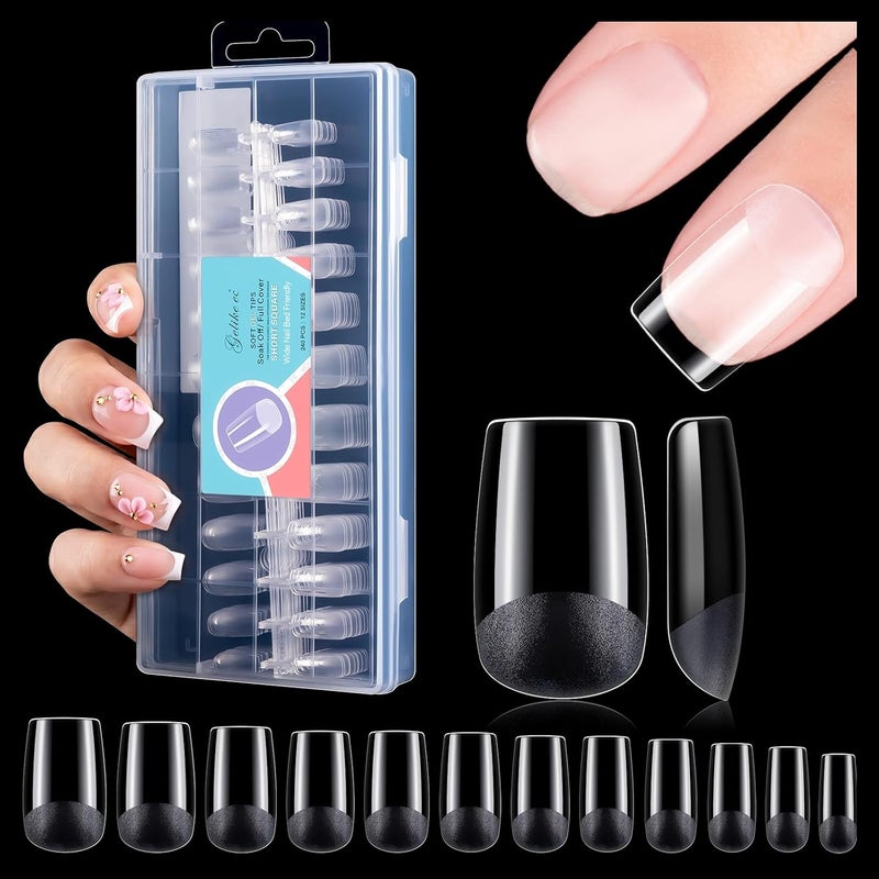 Nail Tips for Wide Beds: 240Pcs Short Square Soft Gel Full Cover Pre-Etched Seamless Half Matte PMMA False Nails for Extensions, Break-Resistant Press On Tips for Daily & Work, 12 Sizes - Image 1