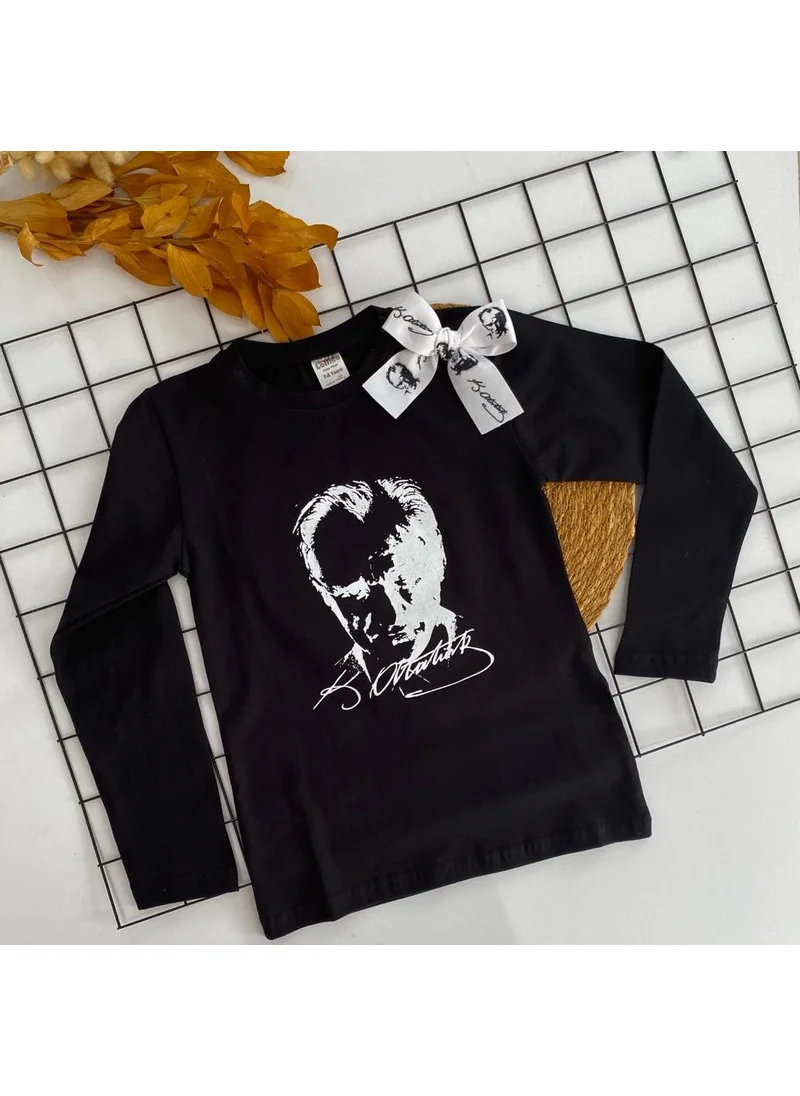 Miyakidsworld Black Long Sleeve Children's Ataturk T-Shirt Ataturk Printed Clip Buckle Set 10 November