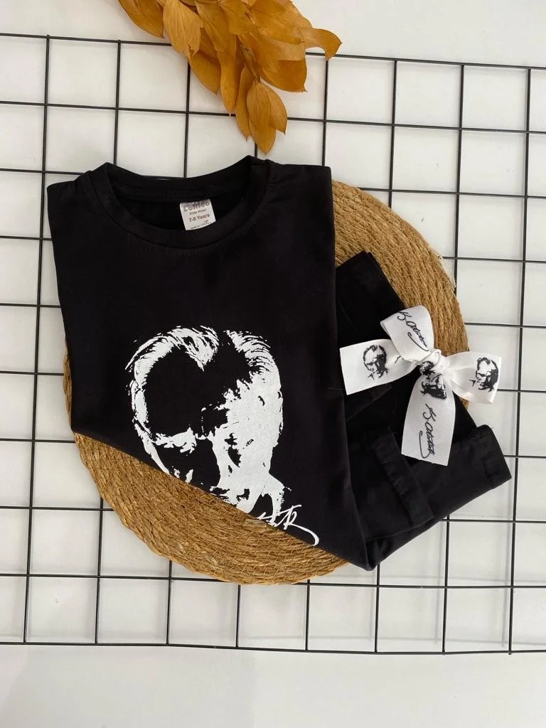 مياكيدزورلد Black Long Sleeve Children's Ataturk T-Shirt Ataturk Printed Clip Buckle Set 10 November