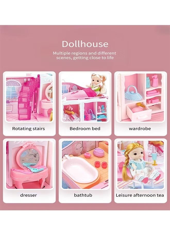 KIIUMI 2 Floors Huge handbag Dollhouse Play Set with 2 Rooms 4 doll 1handbag 1 Color Light Strips with Lights to Assemble Bedroom, Furniture, Garden,Pets DIY Pretend Play Doll House for Girls. - Image 5