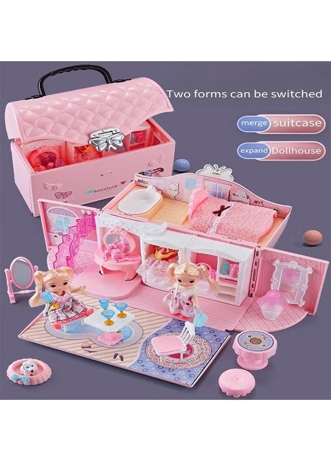 KIIUMI 2 Floors Huge handbag Dollhouse Play Set with 2 Rooms 4 doll 1handbag 1 Color Light Strips with Lights to Assemble Bedroom, Furniture, Garden,Pets DIY Pretend Play Doll House for Girls. - Image 3
