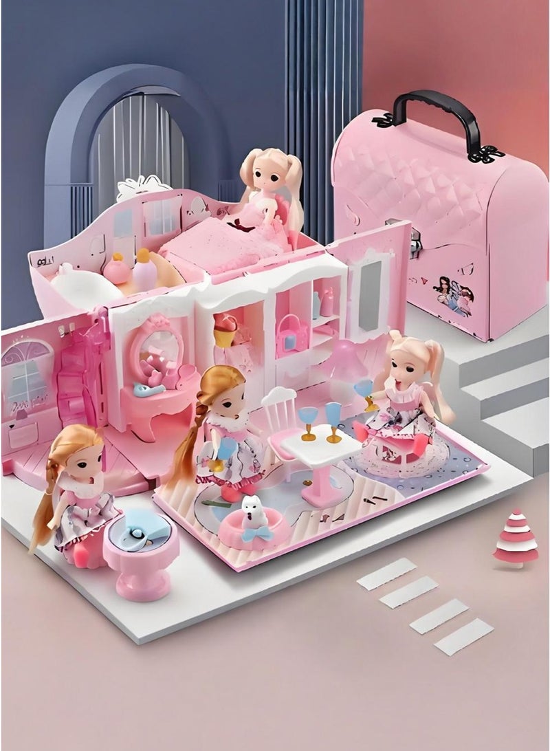 KIIUMI 2 Floors Huge handbag Dollhouse Play Set with 2 Rooms 4 doll 1handbag 1 Color Light Strips with Lights to Assemble Bedroom, Furniture, Garden,Pets DIY Pretend Play Doll House for Girls. - Image 1
