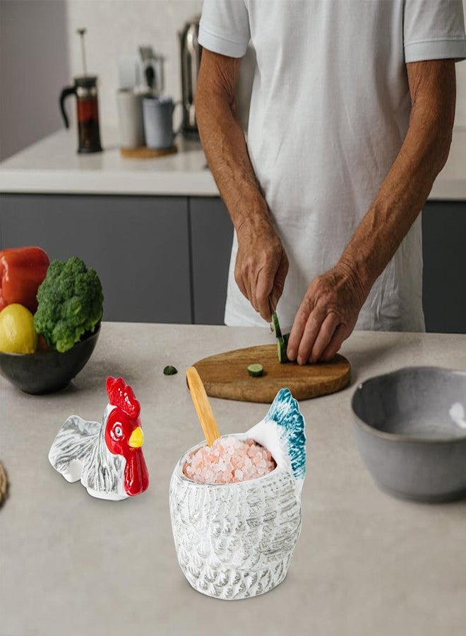 GABROC Hen Shaped Salt Container For Countertop Salt Cellar With Bamboo Spoon,Sugar Bowl With Lid,Ceramic Spice Storage Canisters With Lid, Colorful Farmhouse Kitchen Countertop Decor - Image 4