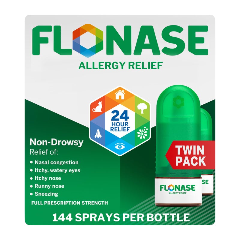 Flonase Allergy Relief Nasal Spray, 24 Hour Non Drowsy Allergy Medicine, Metered Nasal Spray - 144 Sprays (Pack of 2) - Fall and Seasonal Allergy Relief - Image 1