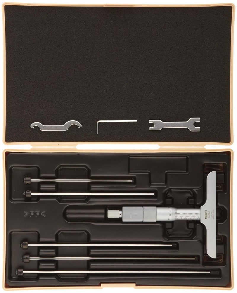 Mitutoyo Mitutoyo 129109 Vernier Depth Gauge Interchangeable Rods Micrometer Type 050mm Range 0001mm Graduation 00027mm Accuracy 635mm x 16mm Base 2 Rods  - Image 2