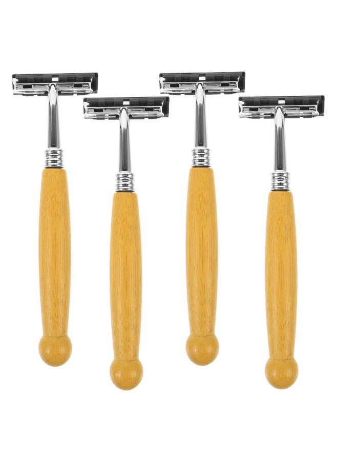 4-Piece Razor Blades Stainless Steel High End Twin Safety Blade Razors Wooden Handle - Image 1