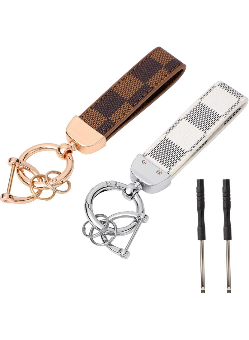 Zikra Leather Car Keychain, 2Pcs Stainless Steel Keyring with Anti-Lost D Buckle, Scratch Resistant Key Ring Accessories with 2 Pcs Screwdriver, Ideal for Car, Motorcycle, Bike, House Keys, Brown, White - Image 1
